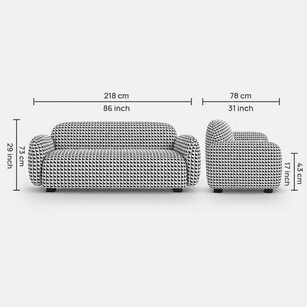 Royale Classic Houndstooth 3 Seater Premium Polyester Upholstered Sofa in White & Black