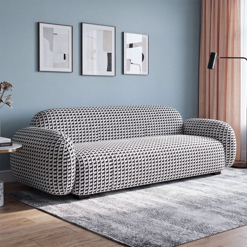 Royale Classic Houndstooth 3 Seater Premium Polyester Upholstered Sofa in White & Black