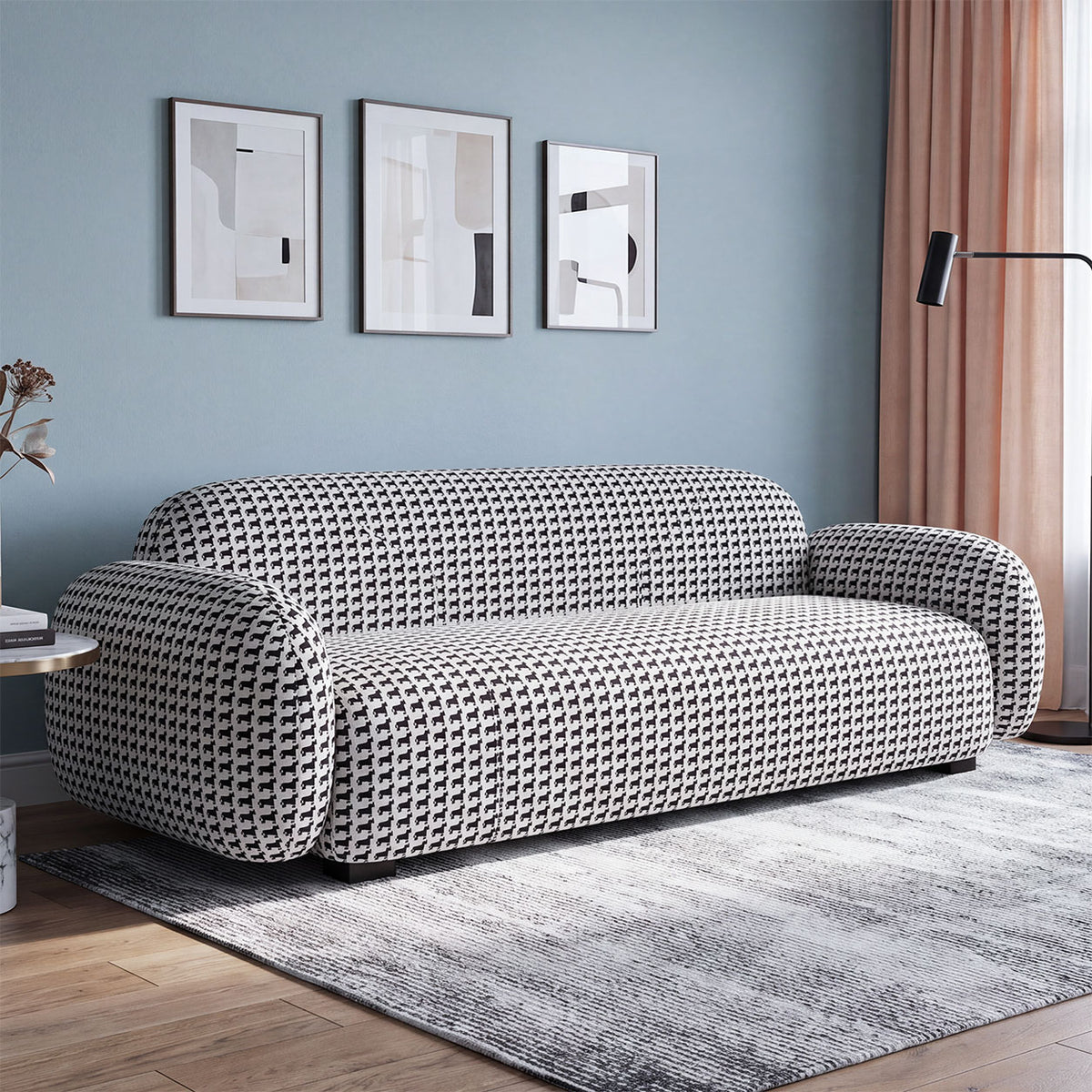 Royale Classic Houndstooth 3 Seater Premium Polyester Upholstered Sofa in White & Black