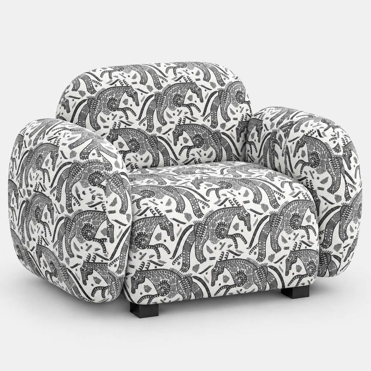 Royale Safari Sketch 1 Seater Premium Polyester Upholstered Sofa in White & Black