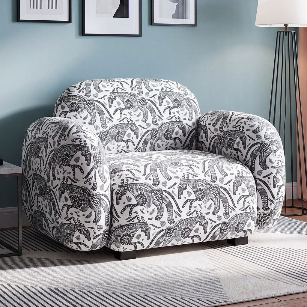 Royale Safari Sketch 1 Seater Premium Polyester Upholstered Sofa in White & Black