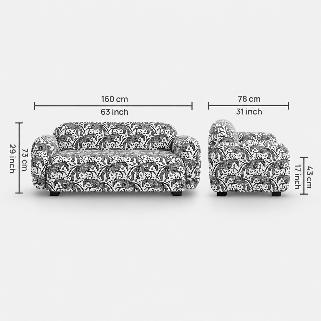 Royale Safari Sketch 2 Seater Premium Polyester Upholstered Sofa in White & Black