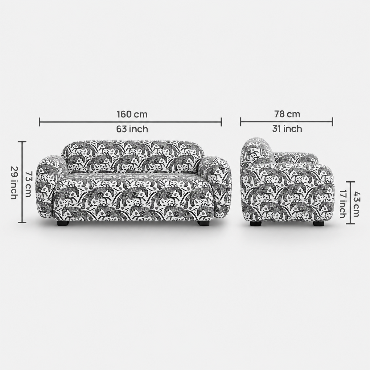 Royale Safari Sketch 2 Seater Premium Polyester Upholstered Sofa in White & Black