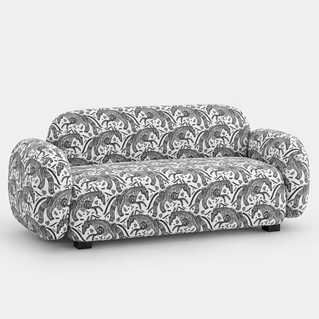 Royale Safari Sketch 2 Seater Premium Polyester Upholstered Sofa in White & Black