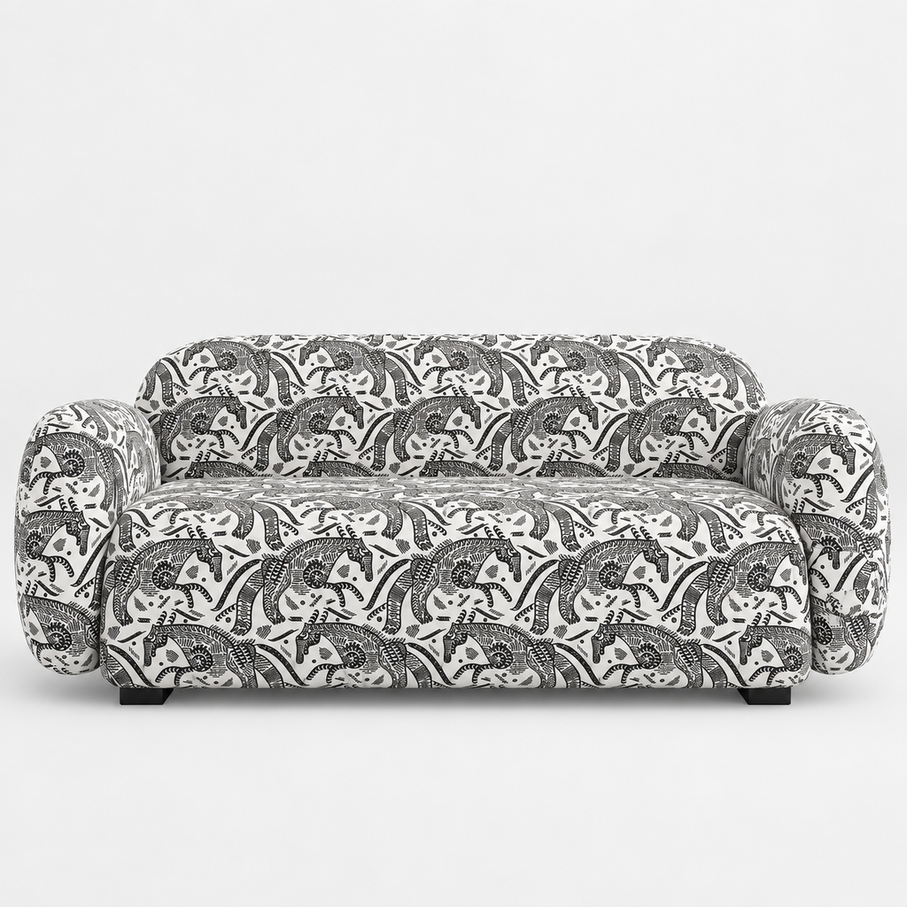 Royale Safari Sketch 2 Seater Premium Polyester Upholstered Sofa in White & Black