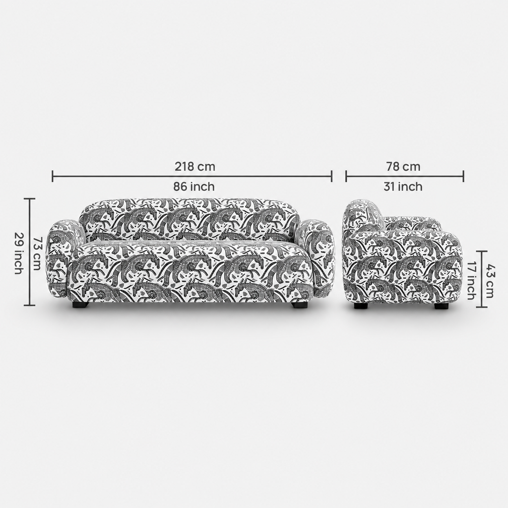 Royale Safari Sketch 3 Seater Premium Polyester Upholstered Sofa in White & Black
