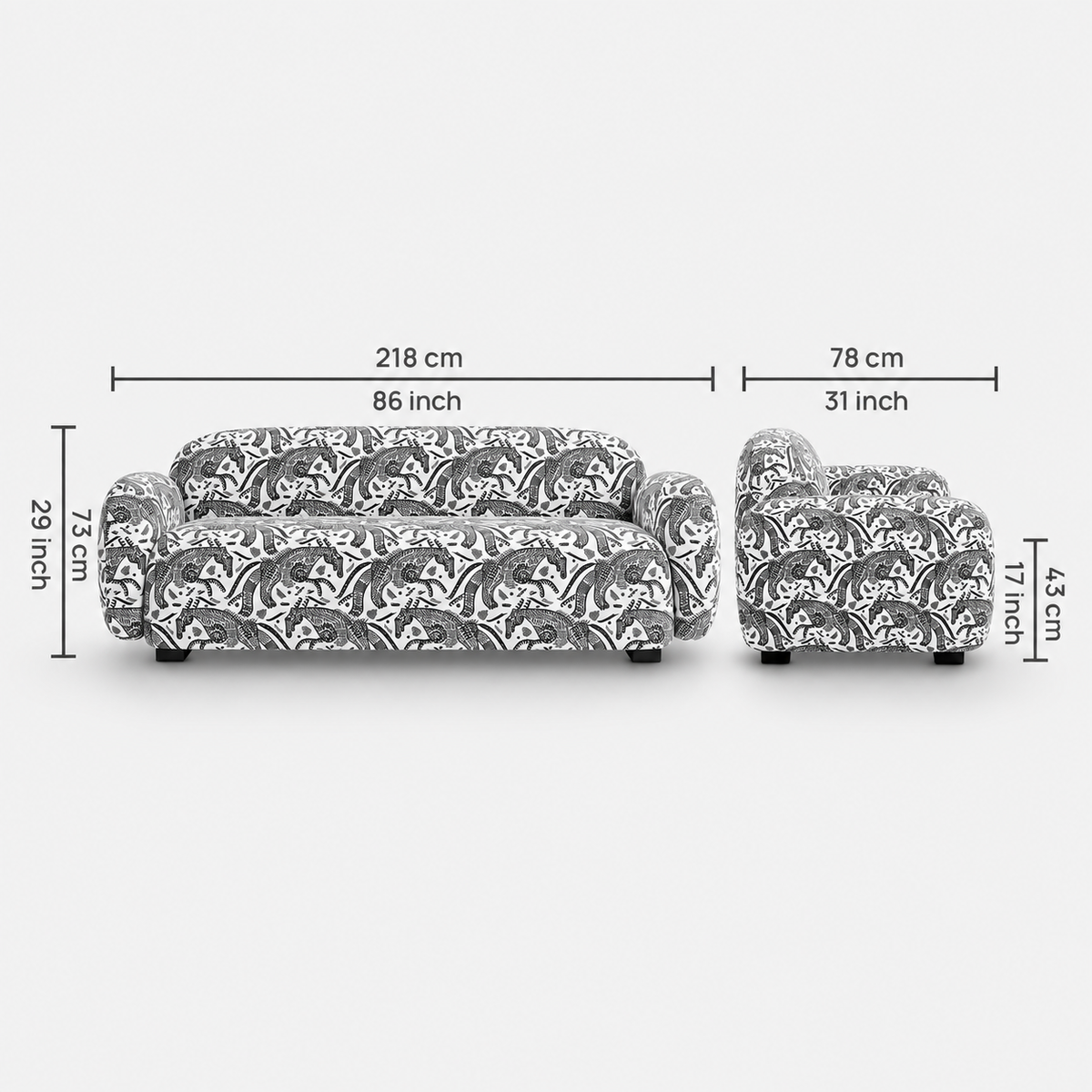 Royale Safari Sketch 3 Seater Premium Polyester Upholstered Sofa in White & Black