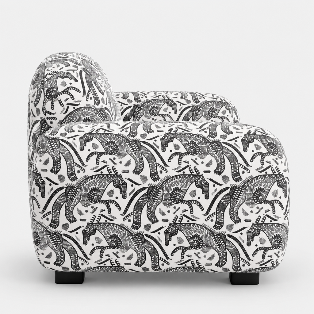 Royale Safari Sketch 3 Seater Premium Polyester Upholstered Sofa in White & Black