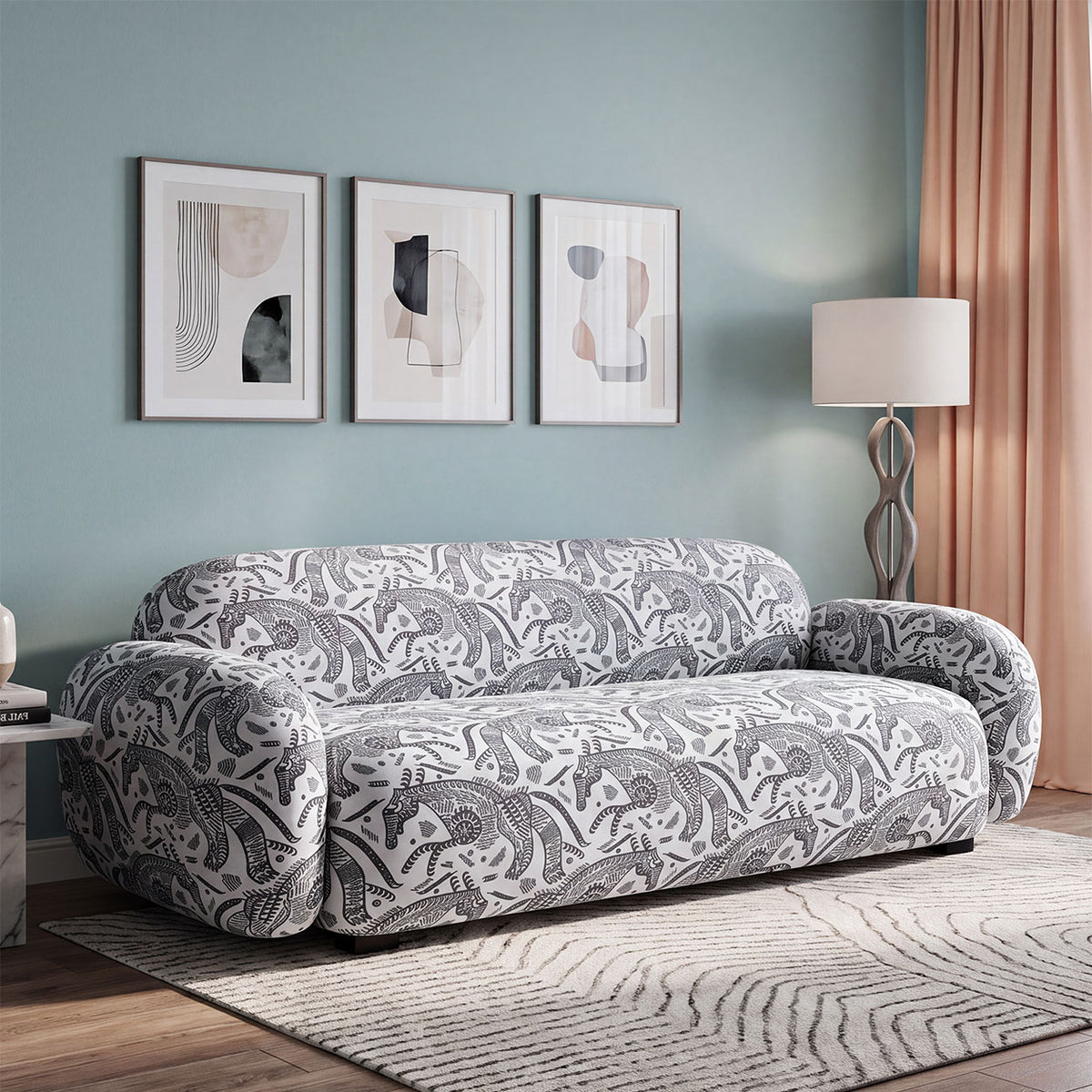 Royale Safari Sketch 3 Seater Premium Polyester Upholstered Sofa in White & Black