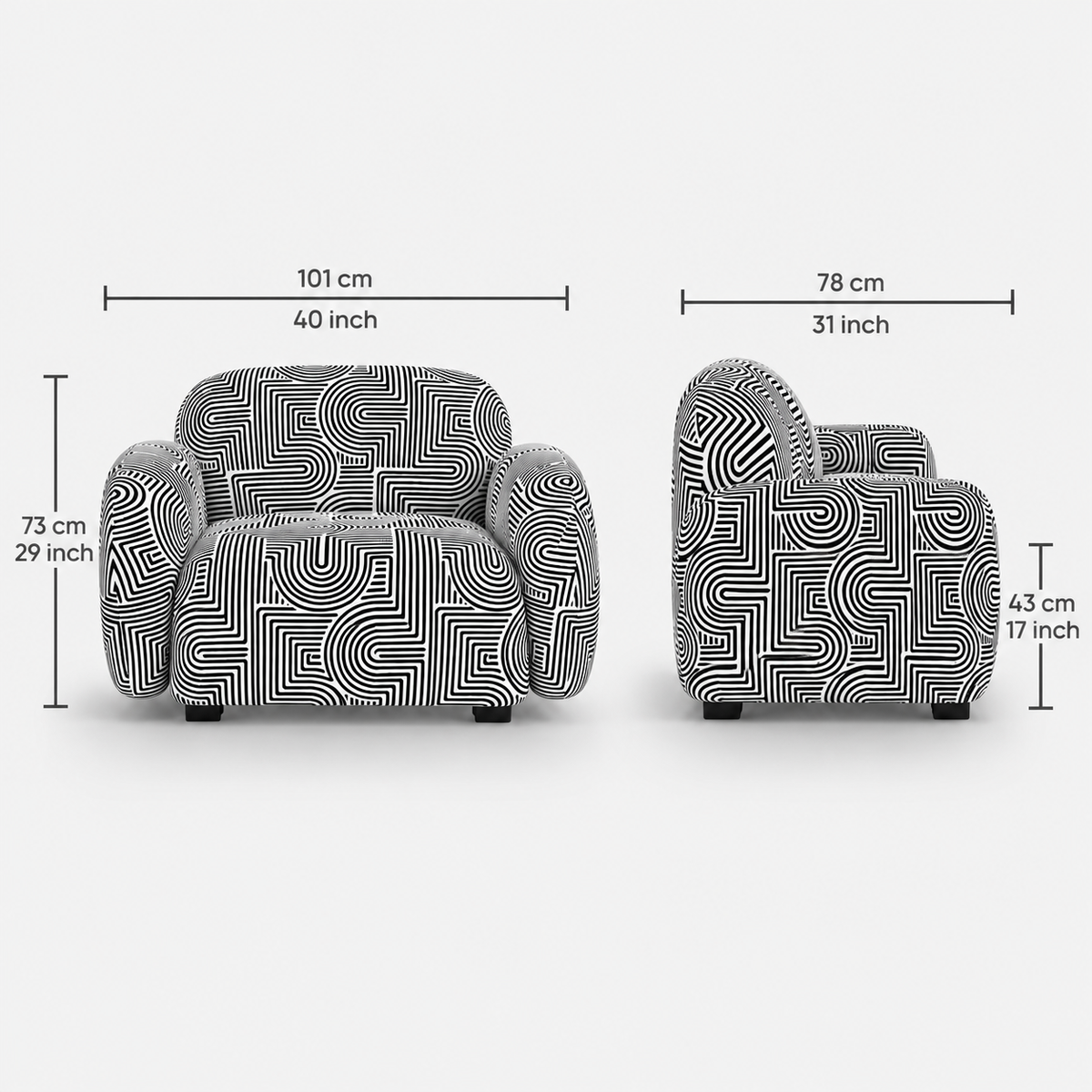 Royale Urban Maze 1 Seater Premium Polyester Upholstered Sofa in White & Black