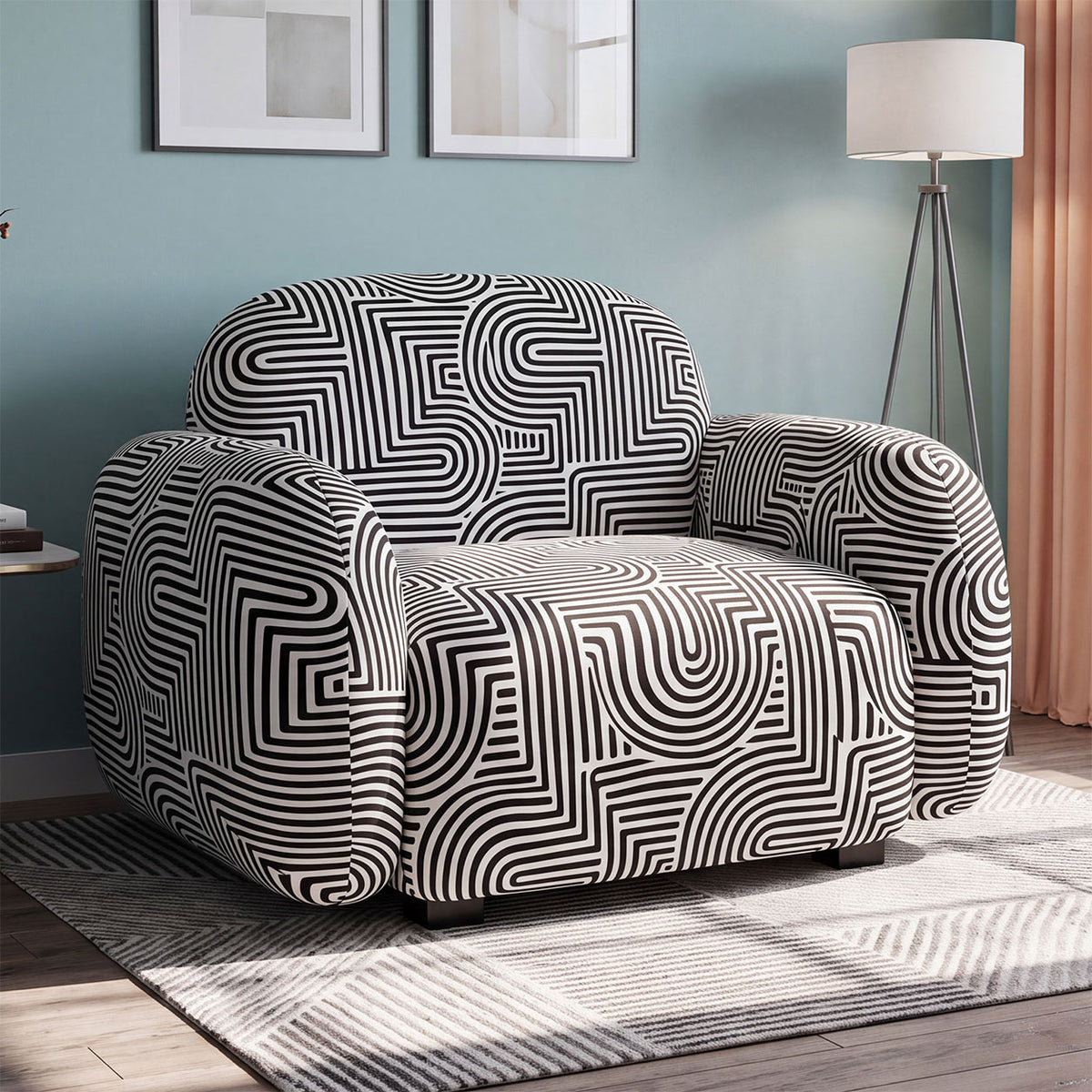Royale Urban Maze 1 Seater Premium Polyester Upholstered Sofa in White & Black