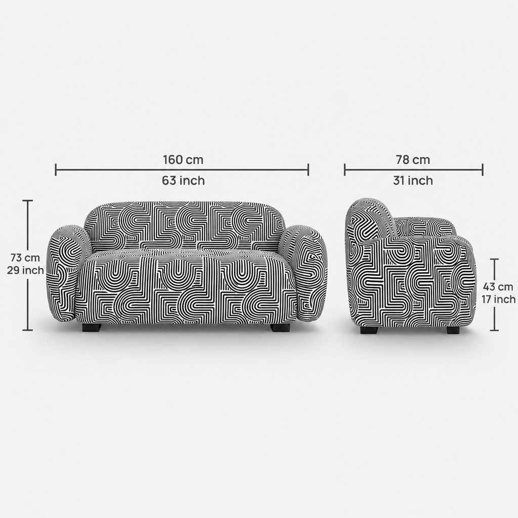 Royale Urban Maze 2 Seater Premium Polyester Upholstered Sofa in White & Black