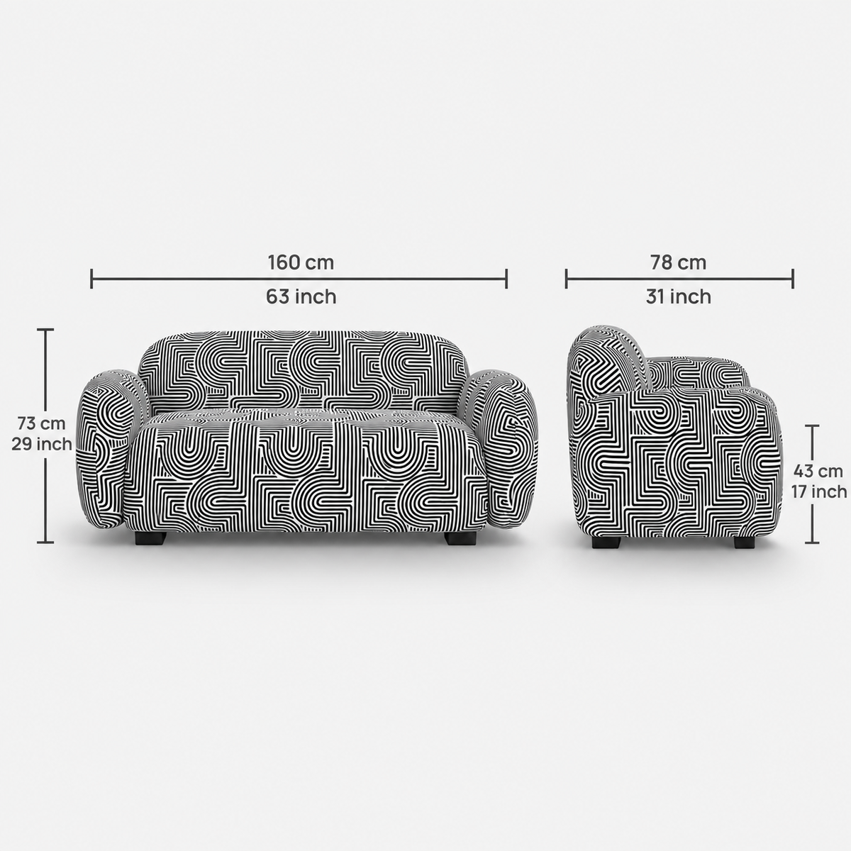 Royale Urban Maze 2 Seater Premium Polyester Upholstered Sofa in White & Black