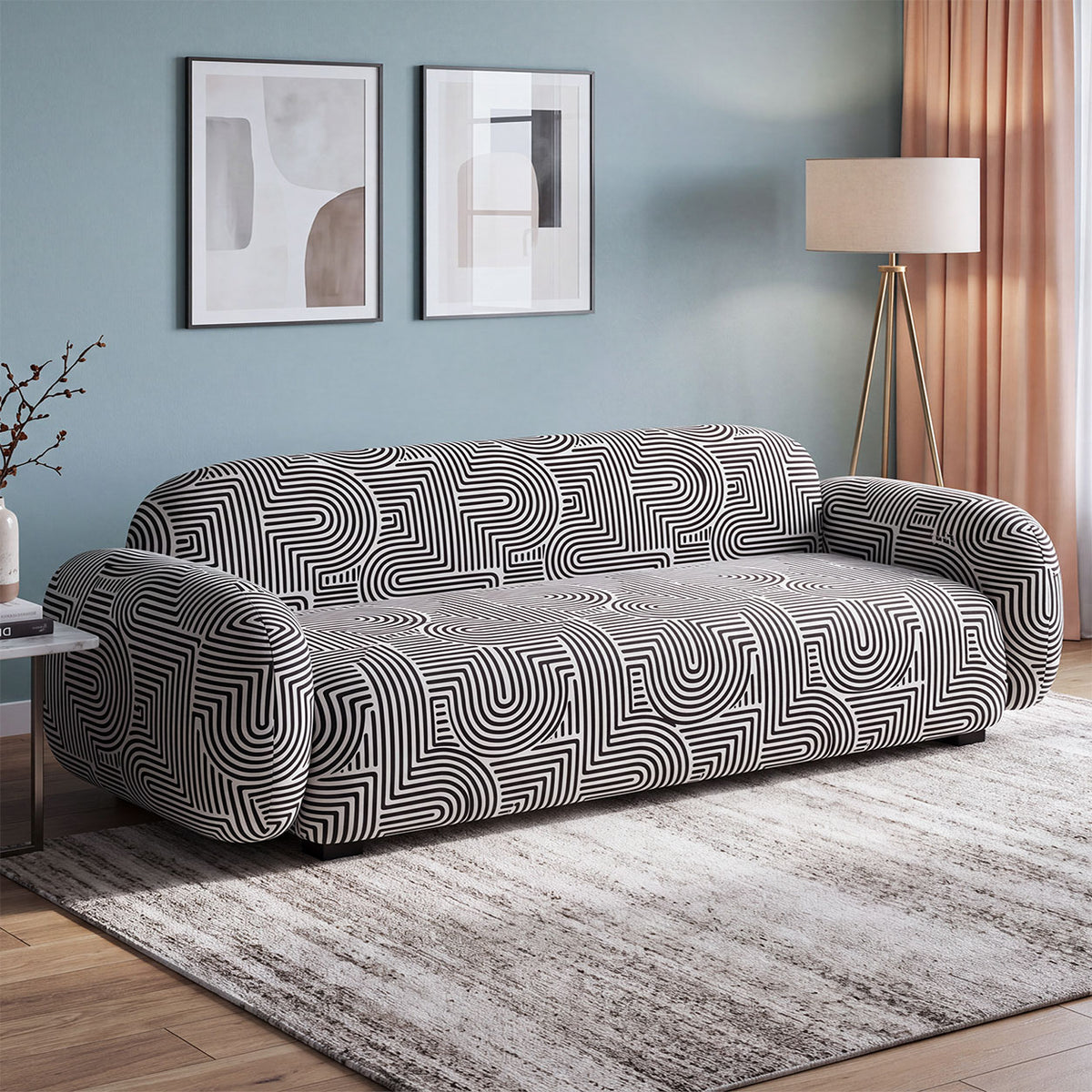 Royale Urban Maze 3 Seater Premium Polyester Upholstered Sofa in White & Black
