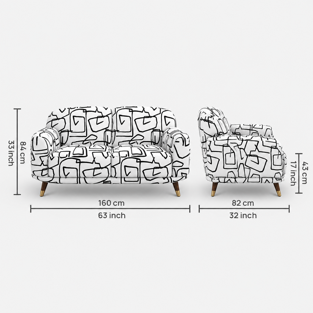 Serenee Abstract Linear 2 Seater Premium Polyester Upholstered Sofa in White & Black