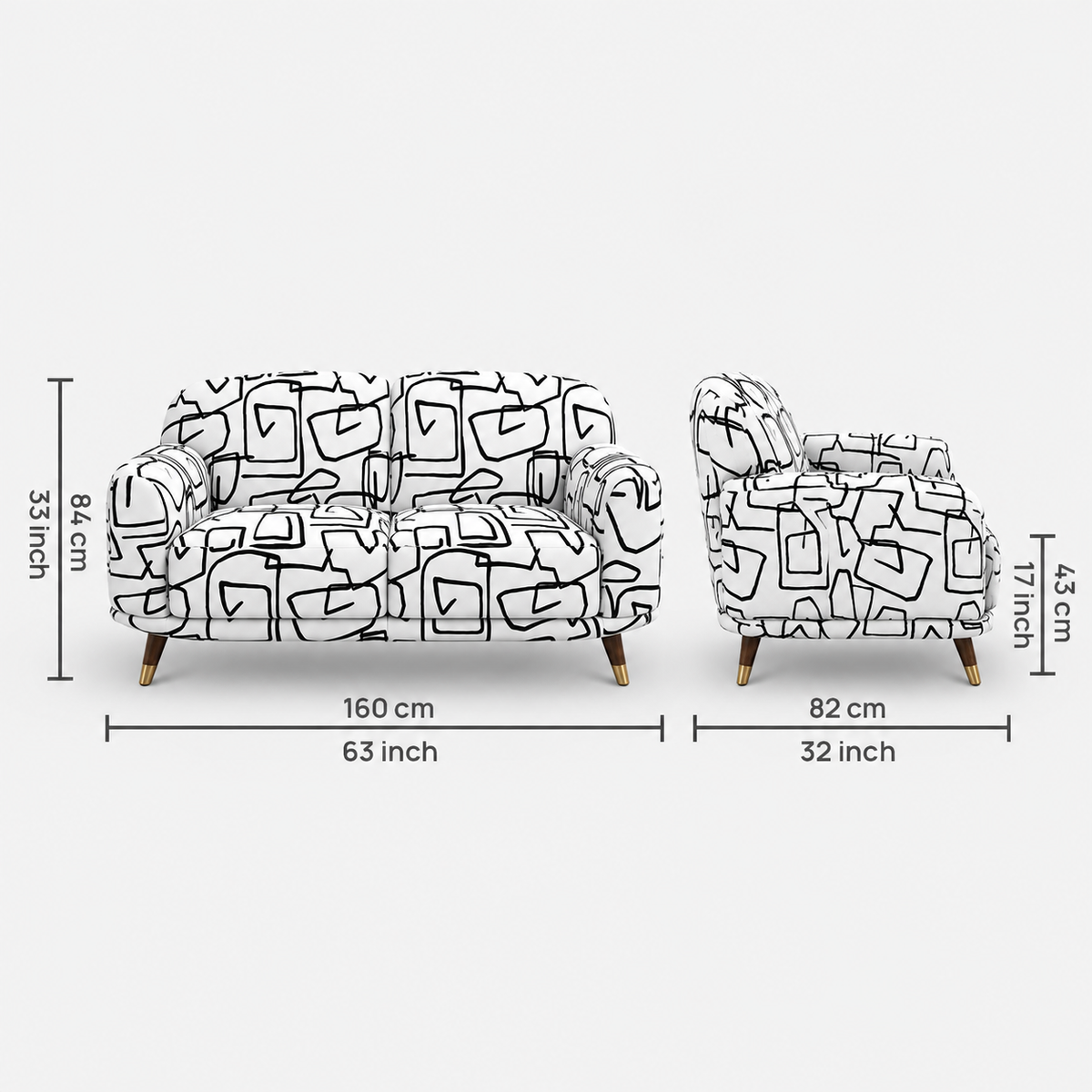 Serenee Abstract Linear 2 Seater Premium Polyester Upholstered Sofa in White & Black