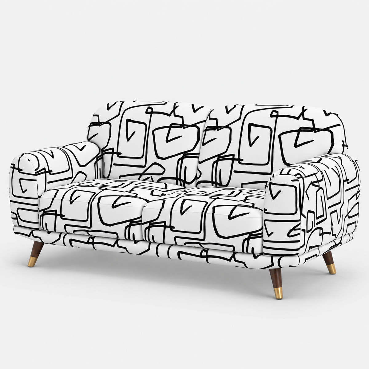 Serenee Abstract Linear 2 Seater Premium Polyester Upholstered Sofa in White & Black