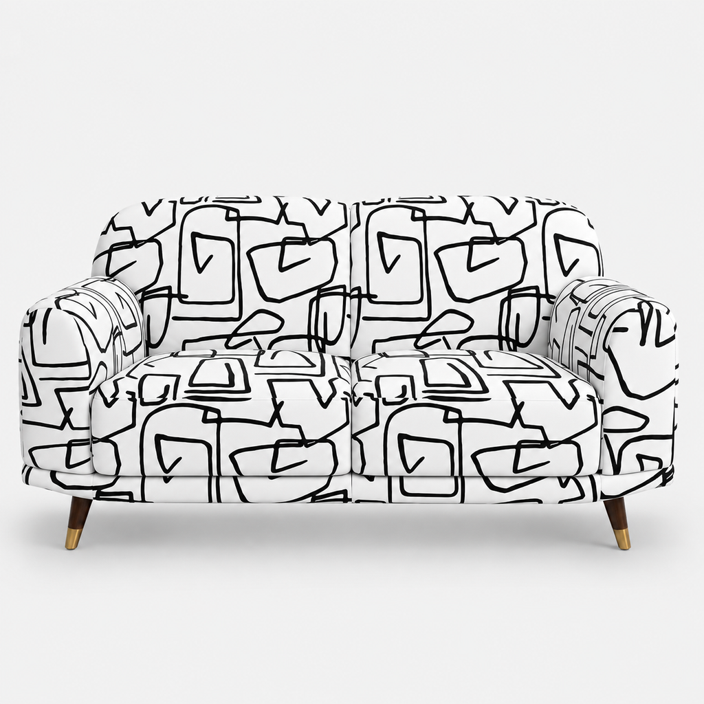 Serenee Abstract Linear 2 Seater Premium Polyester Upholstered Sofa in White & Black