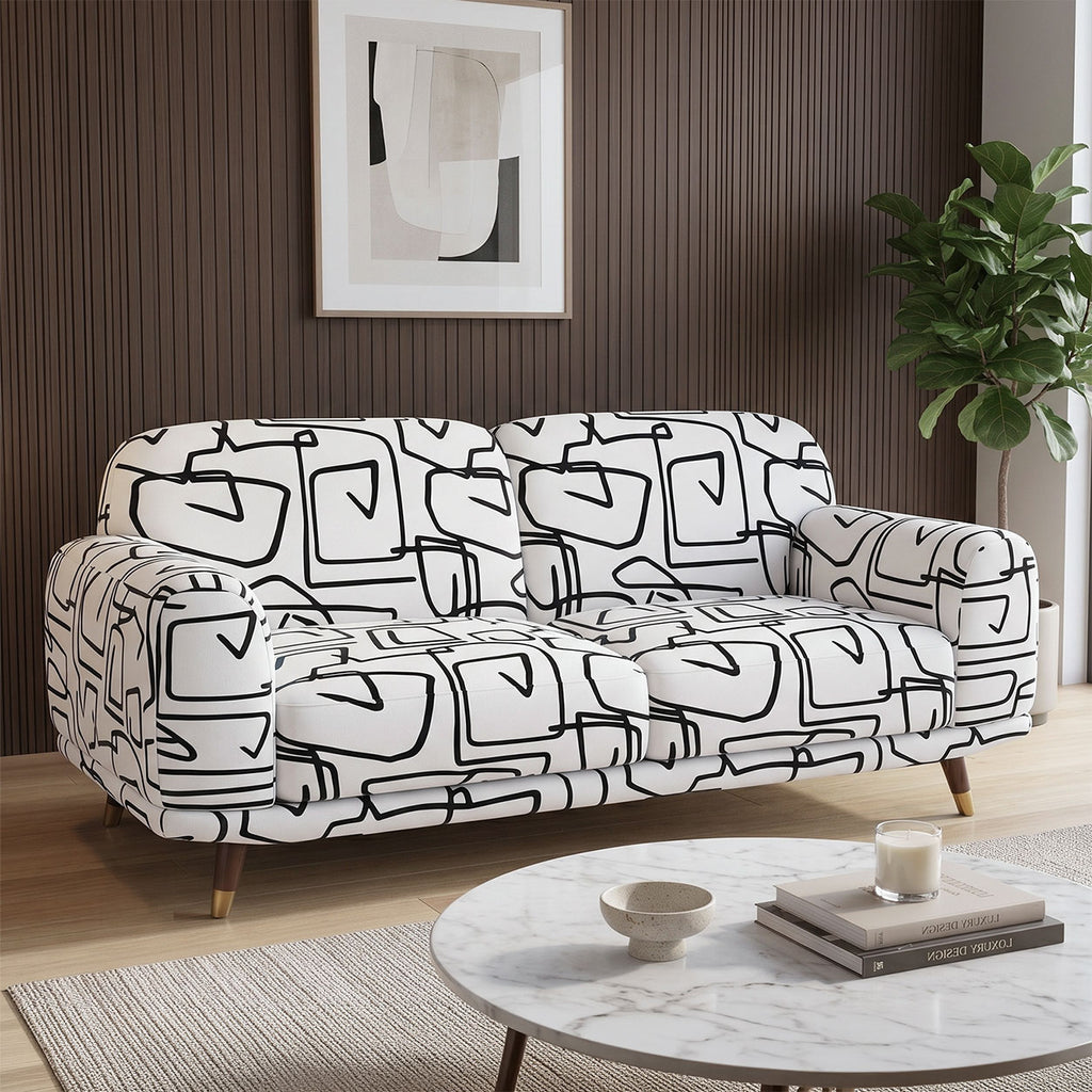 Serenee Abstract Linear 2 Seater Premium Polyester Upholstered Sofa in White & Black