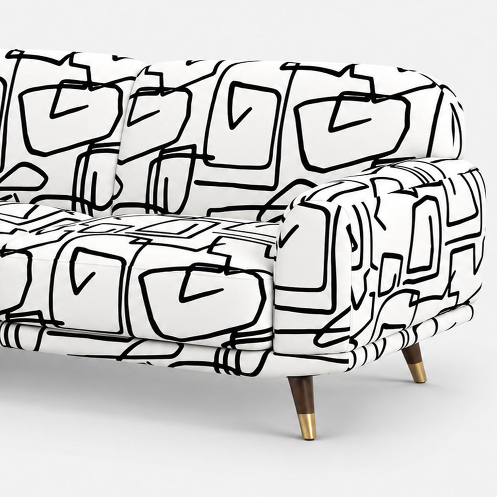 Serenee Abstract Linear 3 Seater Premium Polyester Upholstered Sofa in White & Black