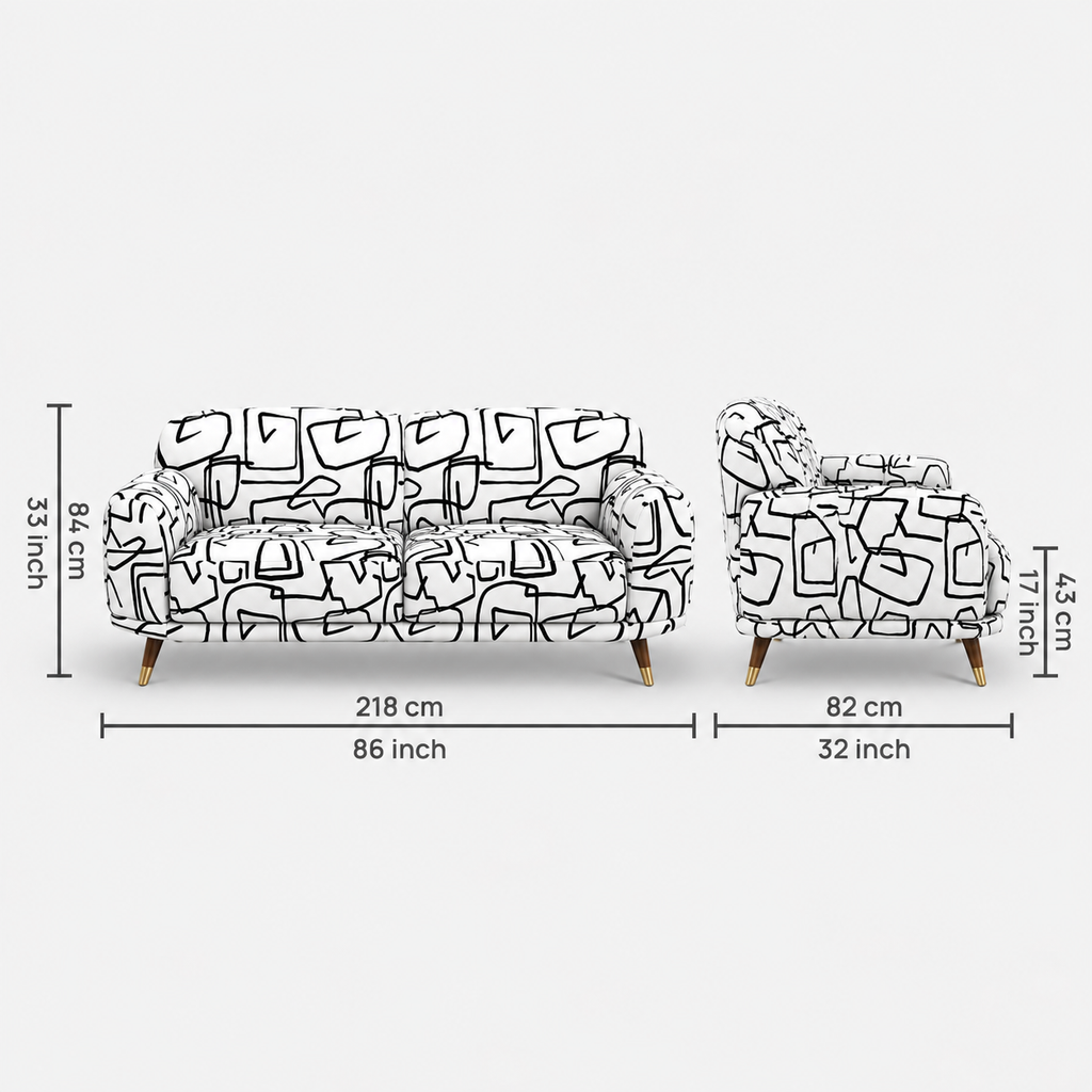 Serenee Abstract Linear 3 Seater Premium Polyester Upholstered Sofa in White & Black