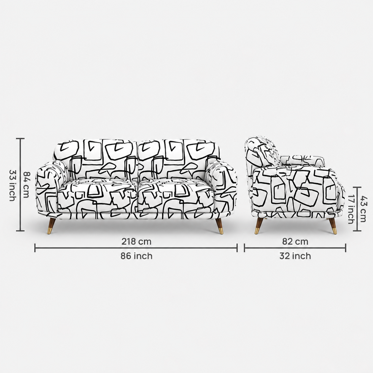 Serenee Abstract Linear 3 Seater Premium Polyester Upholstered Sofa in White & Black
