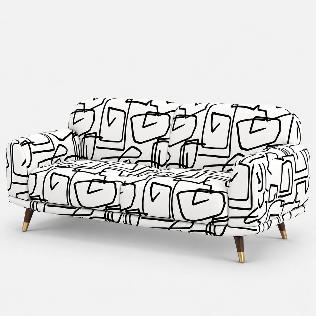 Serenee Abstract Linear 3 Seater Premium Polyester Upholstered Sofa in White & Black