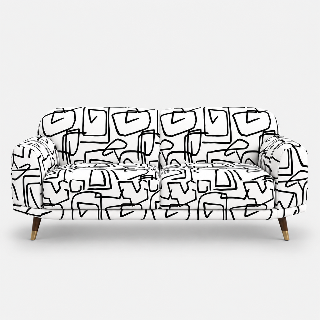 Serenee Abstract Linear 3 Seater Premium Polyester Upholstered Sofa in White & Black