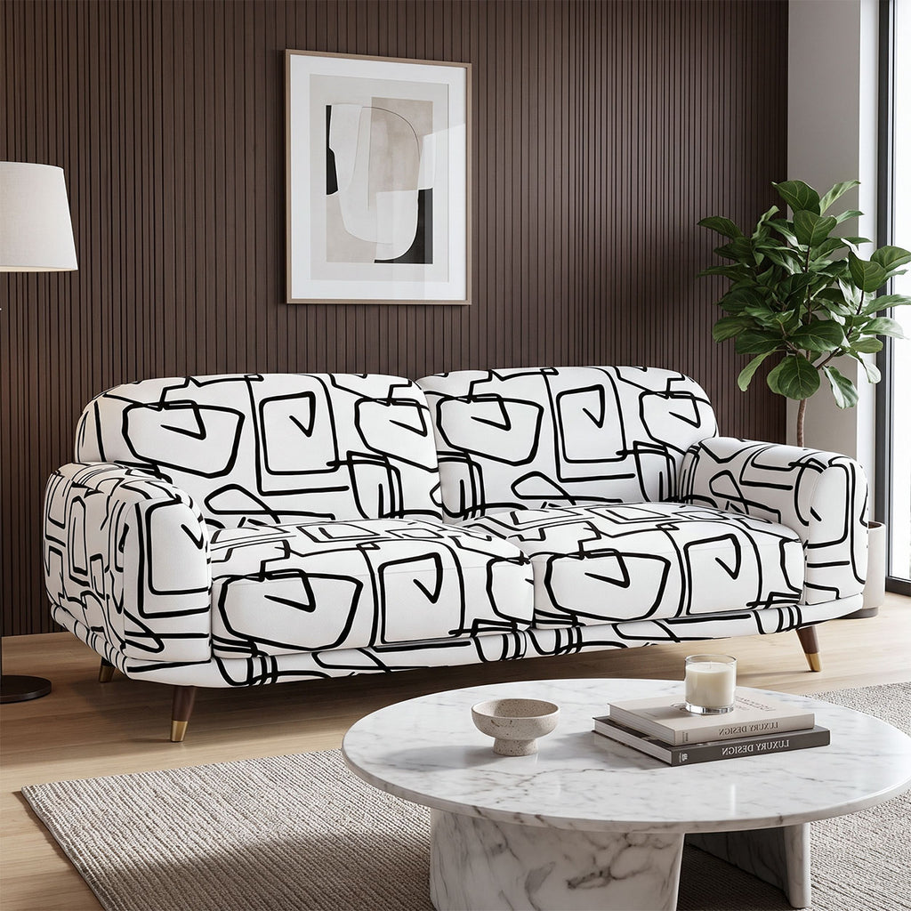 Serenee Abstract Linear 3 Seater Premium Polyester Upholstered Sofa in White & Black