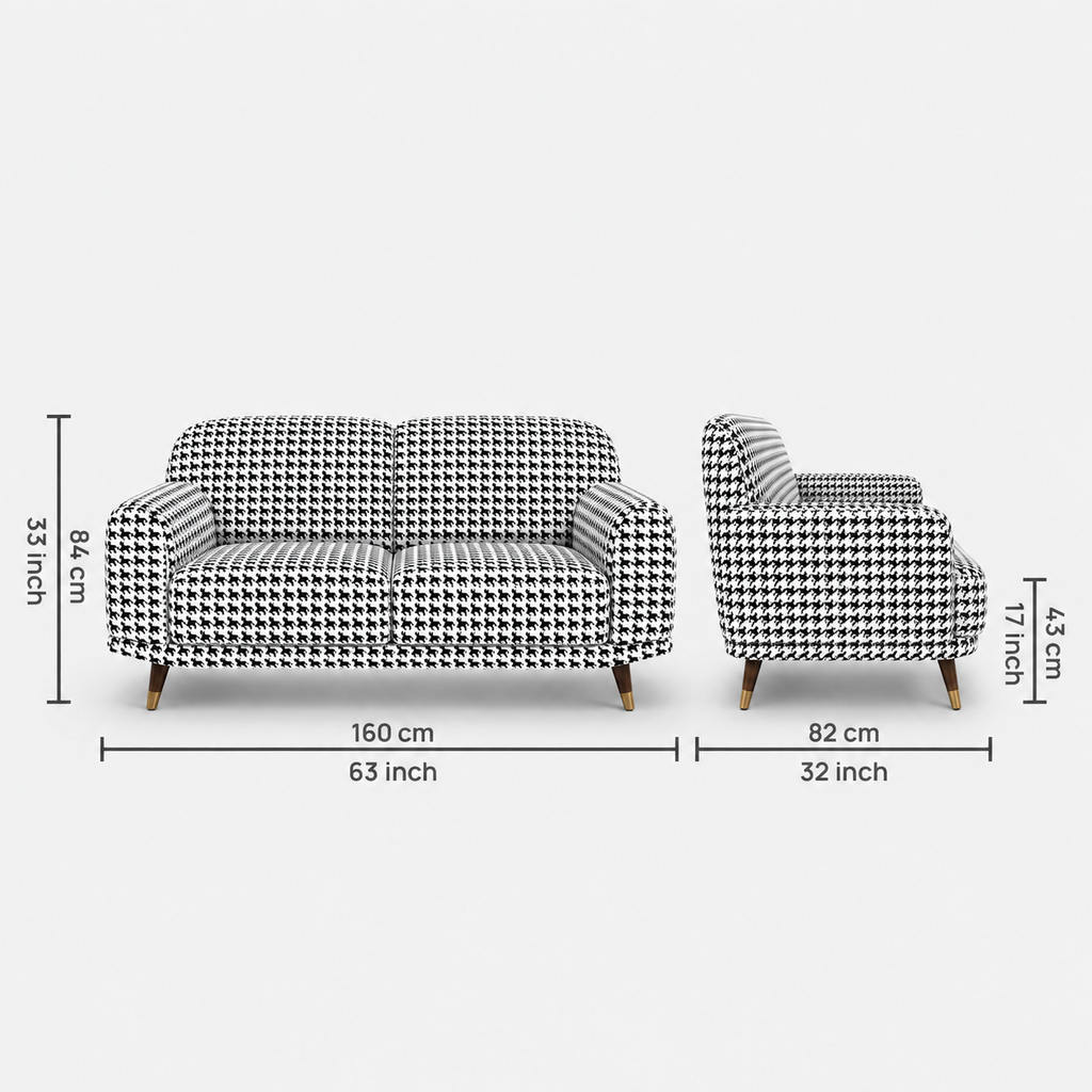 Serenee Classic Houndstooth 2 Seater Premium Polyester Upholstered Sofa in White & Black