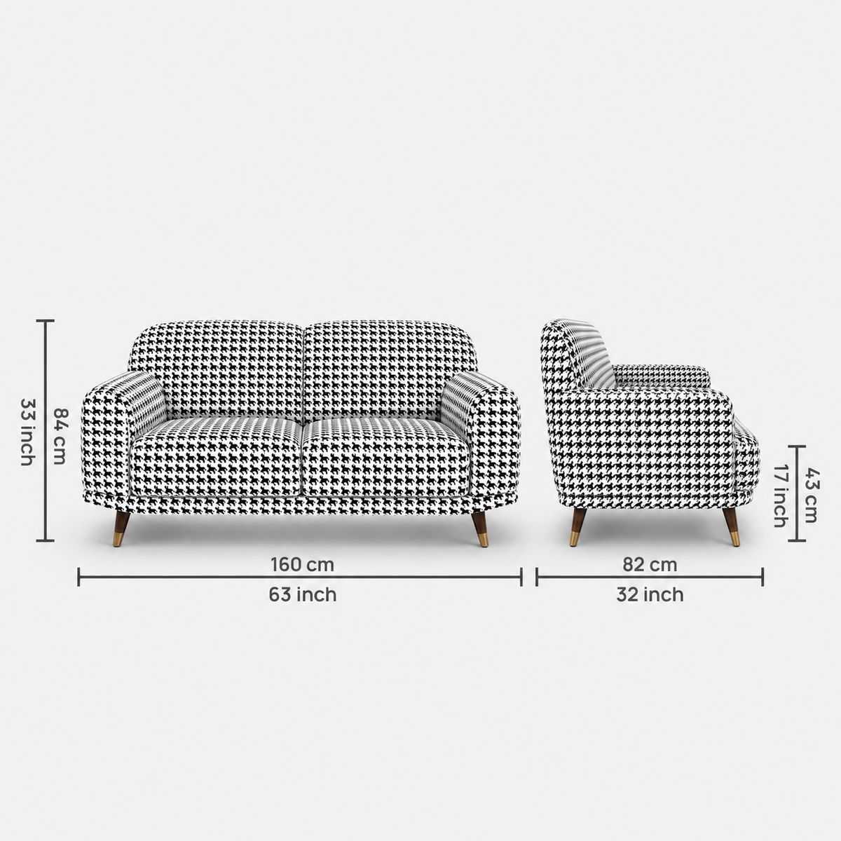 Serenee Classic Houndstooth 2 Seater Premium Polyester Upholstered Sofa in White & Black