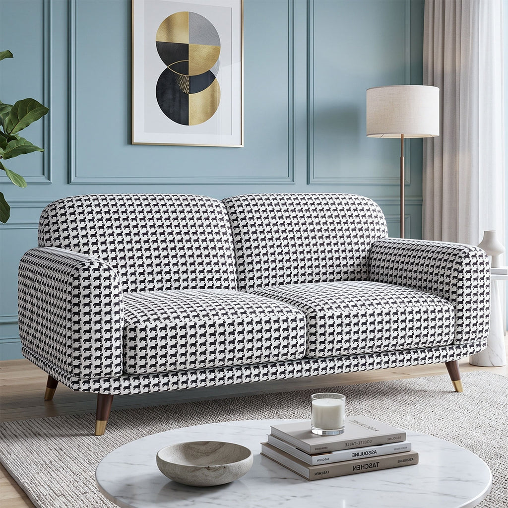 Serenee Classic Houndstooth 2 Seater Premium Polyester Upholstered Sofa in White & Black