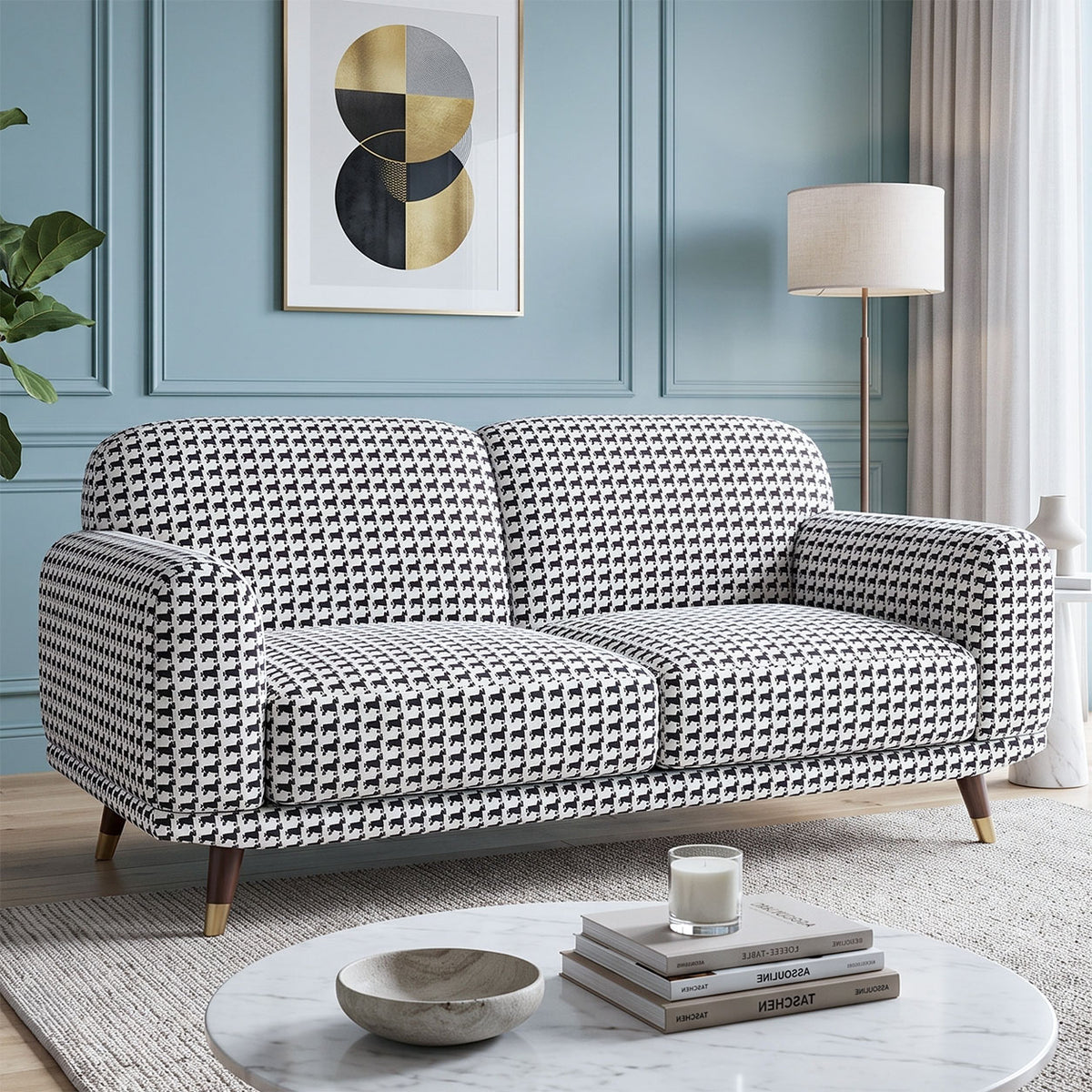 Serenee Classic Houndstooth 2 Seater Premium Polyester Upholstered Sofa in White & Black
