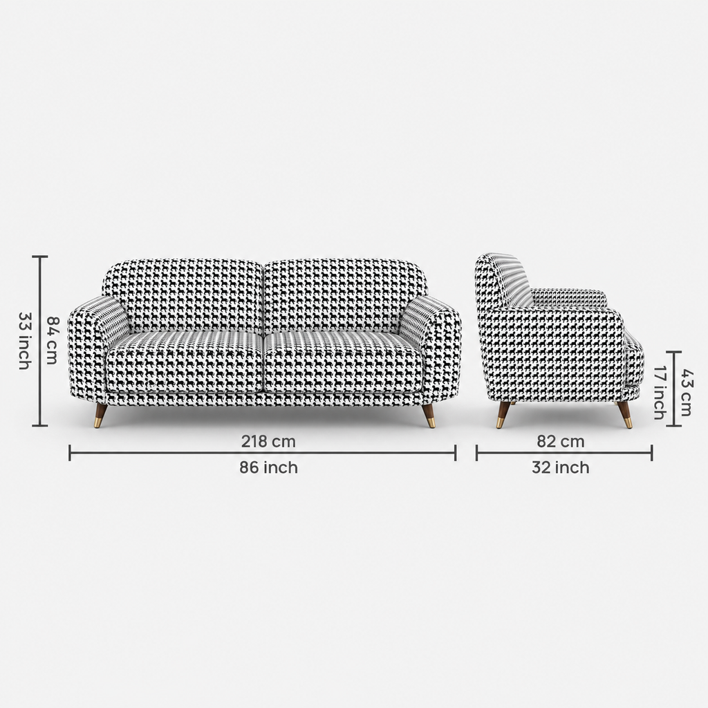 Serenee Classic Houndstooth 3 Seater Premium Polyester Upholstered Sofa in White & Black
