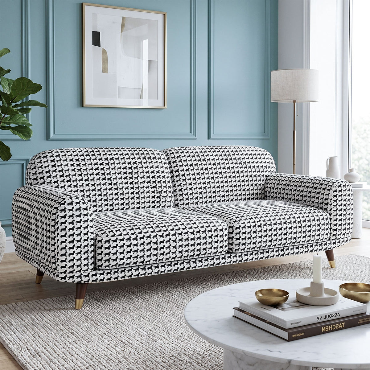 Serenee Classic Houndstooth 3 Seater Premium Polyester Upholstered Sofa in White & Black