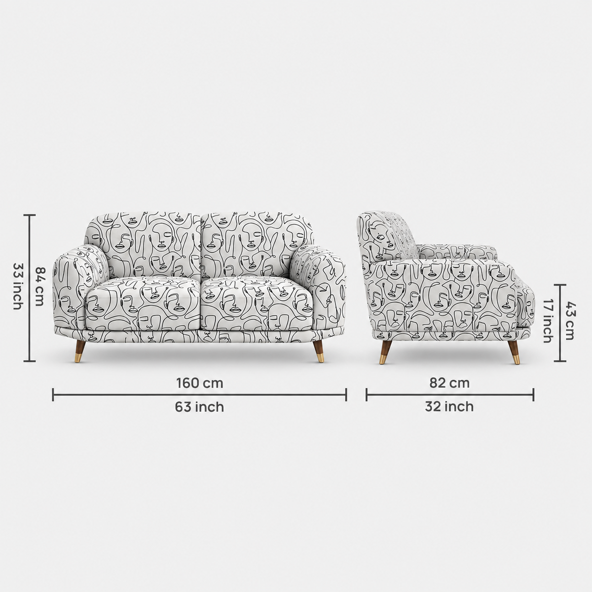 Serenee Modern Muse 2 Seater Premium Polyester Upholstered Sofa in White & Black