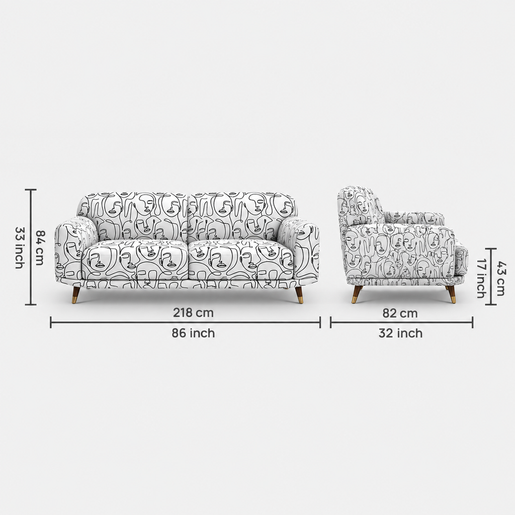 Serenee Modern Muse 3 Seater Premium Polyester Upholstered Sofa in White & Black