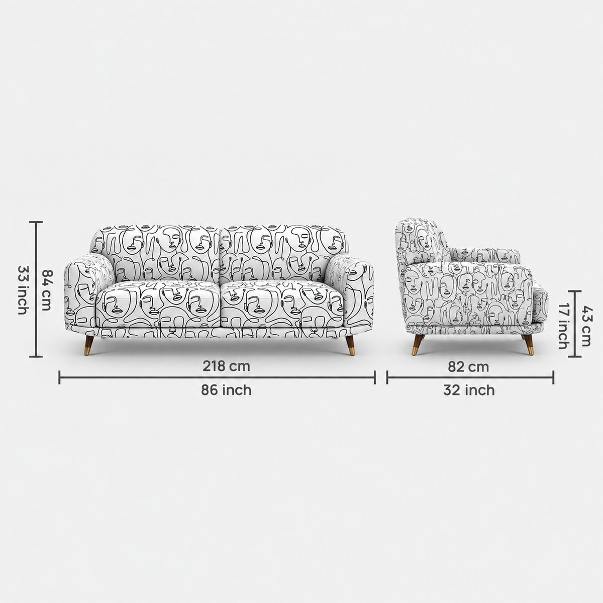Serenee Modern Muse 3 Seater Premium Polyester Upholstered Sofa in White & Black