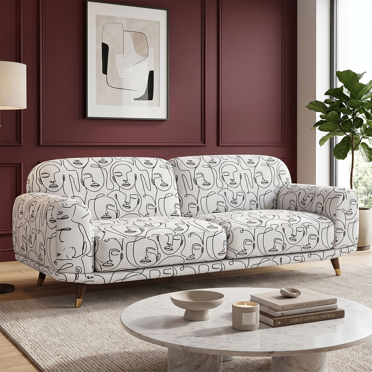 Serenee Modern Muse 3 Seater Premium Polyester Upholstered Sofa in White & Black