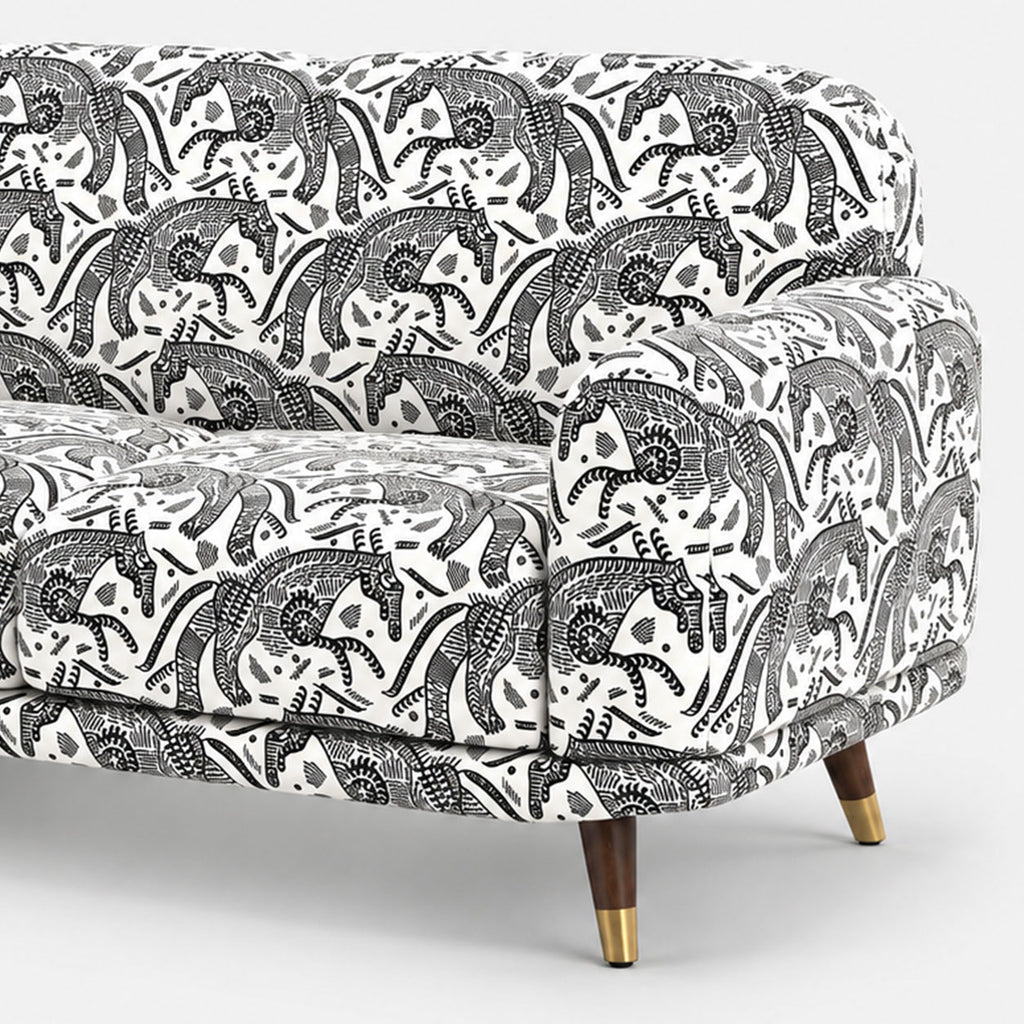 Serenee Safari Sketch 2 Seater Premium Polyester Upholstered Sofa in White & Black