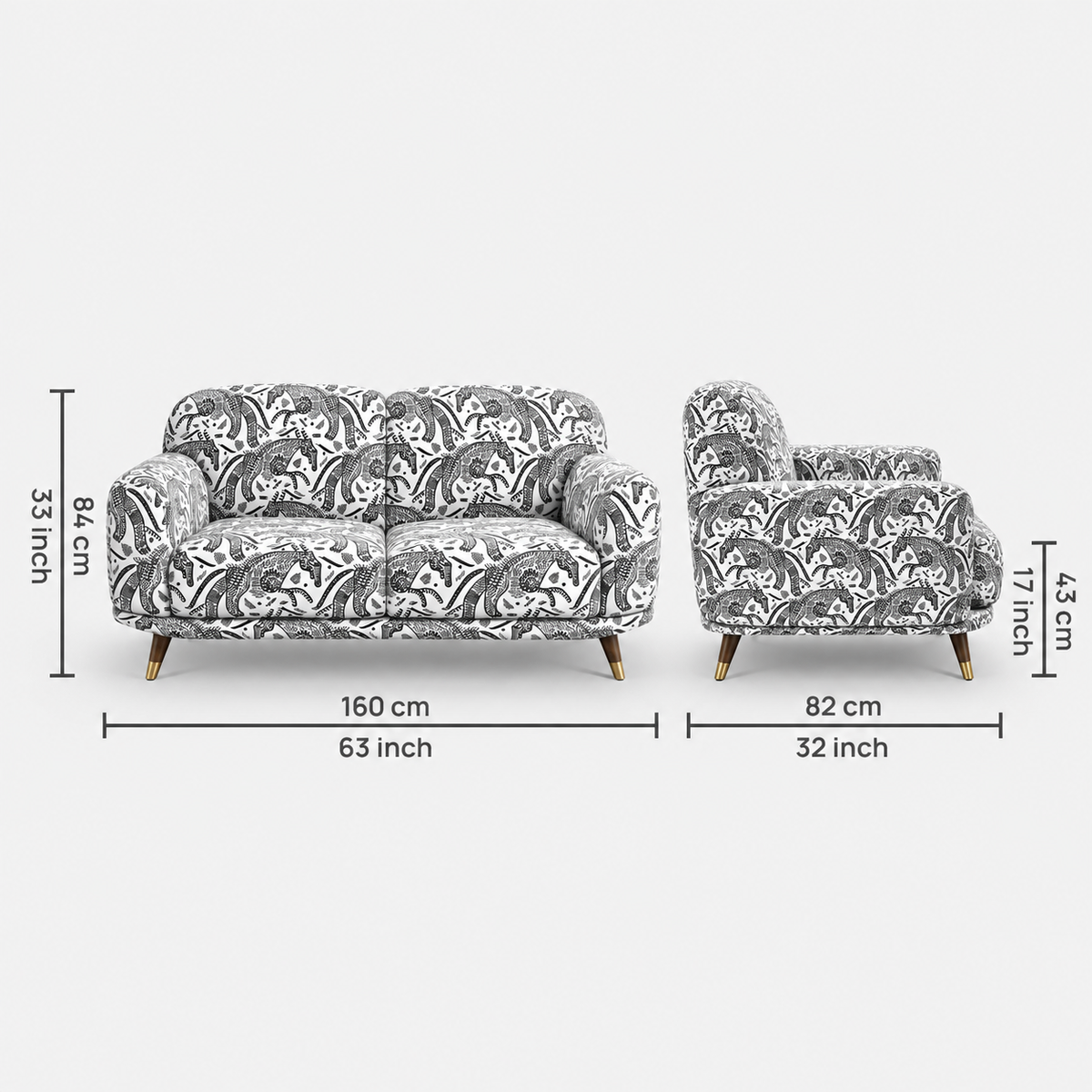 Serenee Safari Sketch 2 Seater Premium Polyester Upholstered Sofa in White & Black