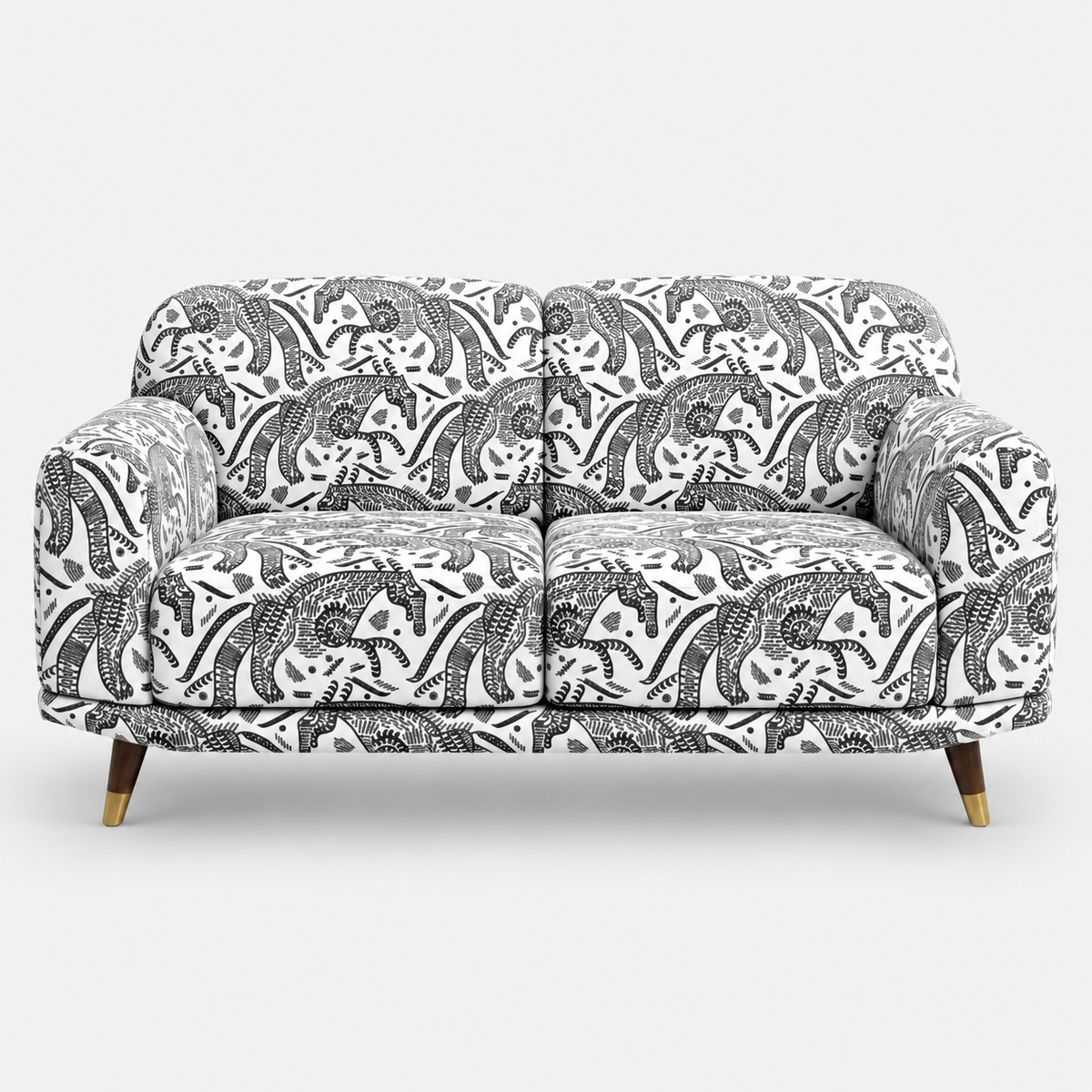 Serenee Safari Sketch 2 Seater Premium Polyester Upholstered Sofa in White & Black