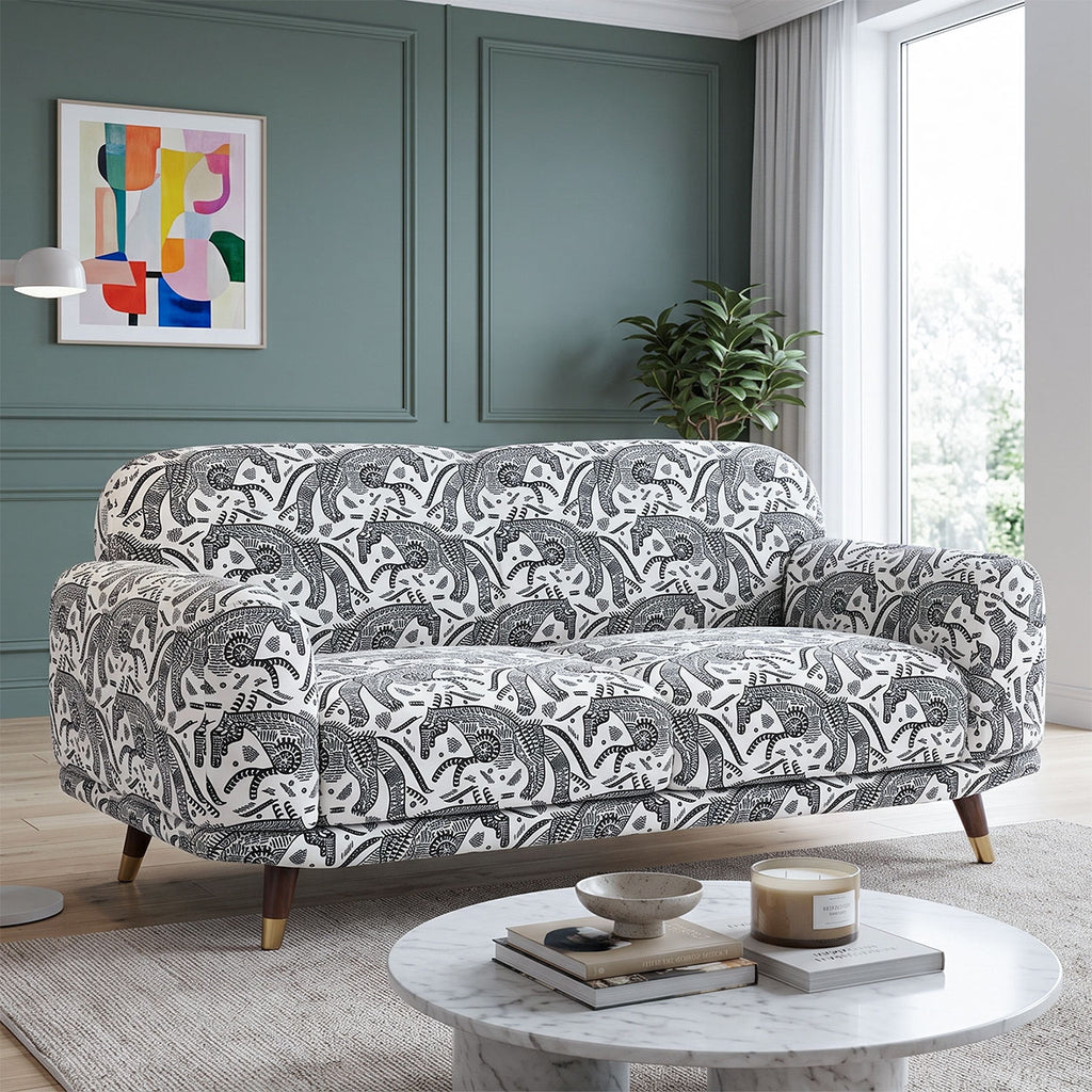 Serenee Safari Sketch 2 Seater Premium Polyester Upholstered Sofa in White & Black