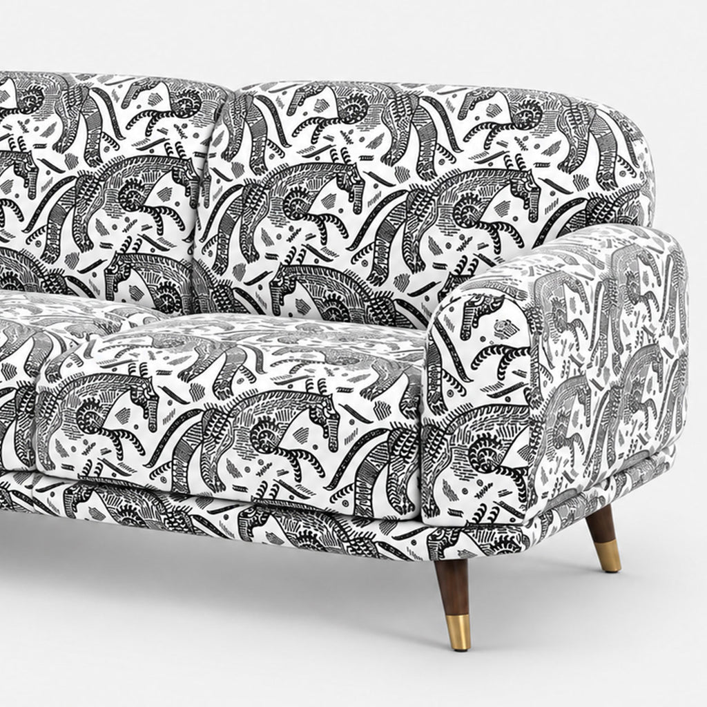 Serenee Safari Sketch 3 Seater Premium Polyester Upholstered Sofa in White & Black