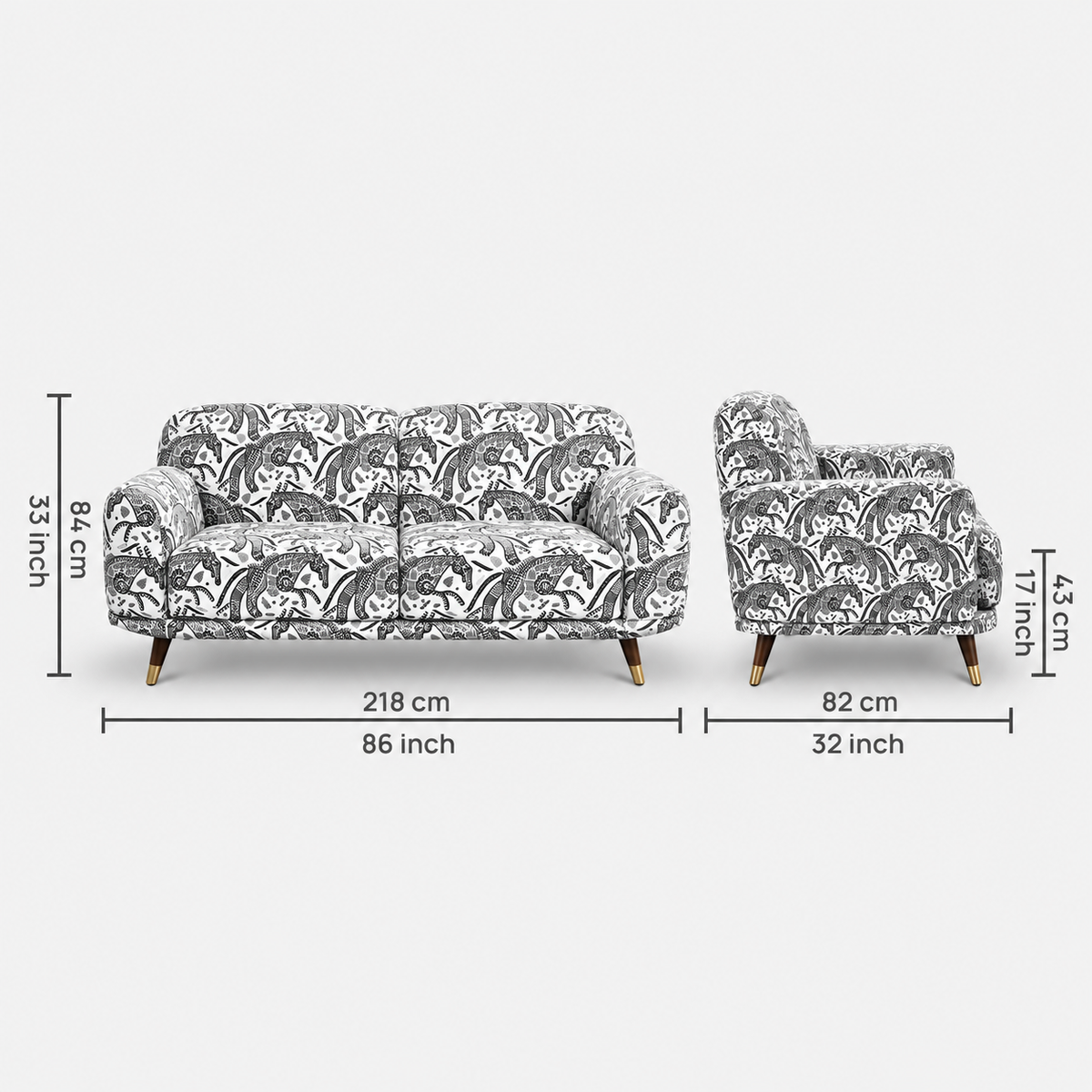 Serenee Safari Sketch 3 Seater Premium Polyester Upholstered Sofa in White & Black