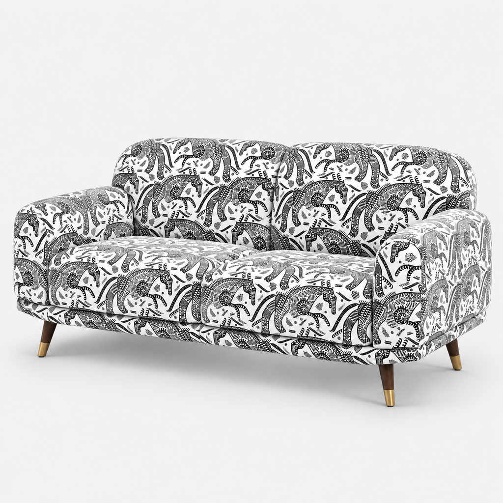 Serenee Safari Sketch 3 Seater Premium Polyester Upholstered Sofa in White & Black