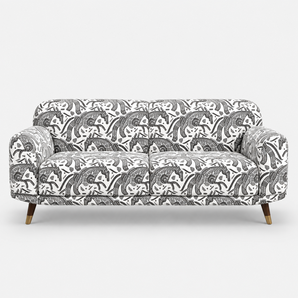 Serenee Safari Sketch 3 Seater Premium Polyester Upholstered Sofa in White & Black