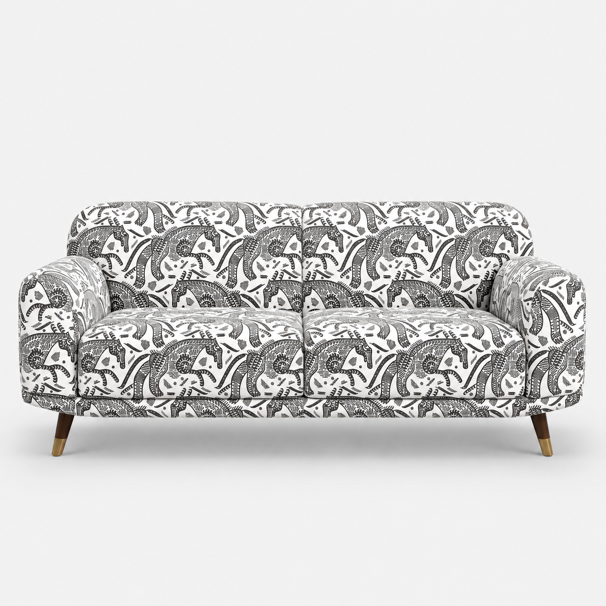 Serenee Safari Sketch 3 Seater Premium Polyester Upholstered Sofa in White & Black