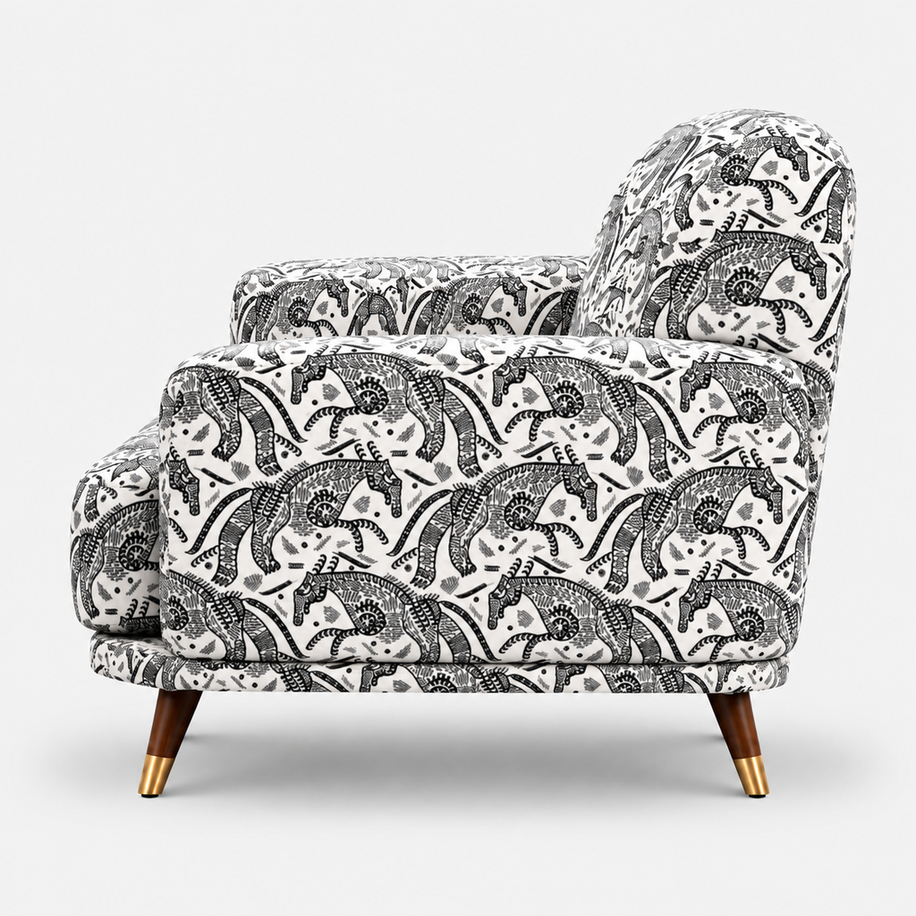 Serenee Safari Sketch 3 Seater Premium Polyester Upholstered Sofa in White & Black