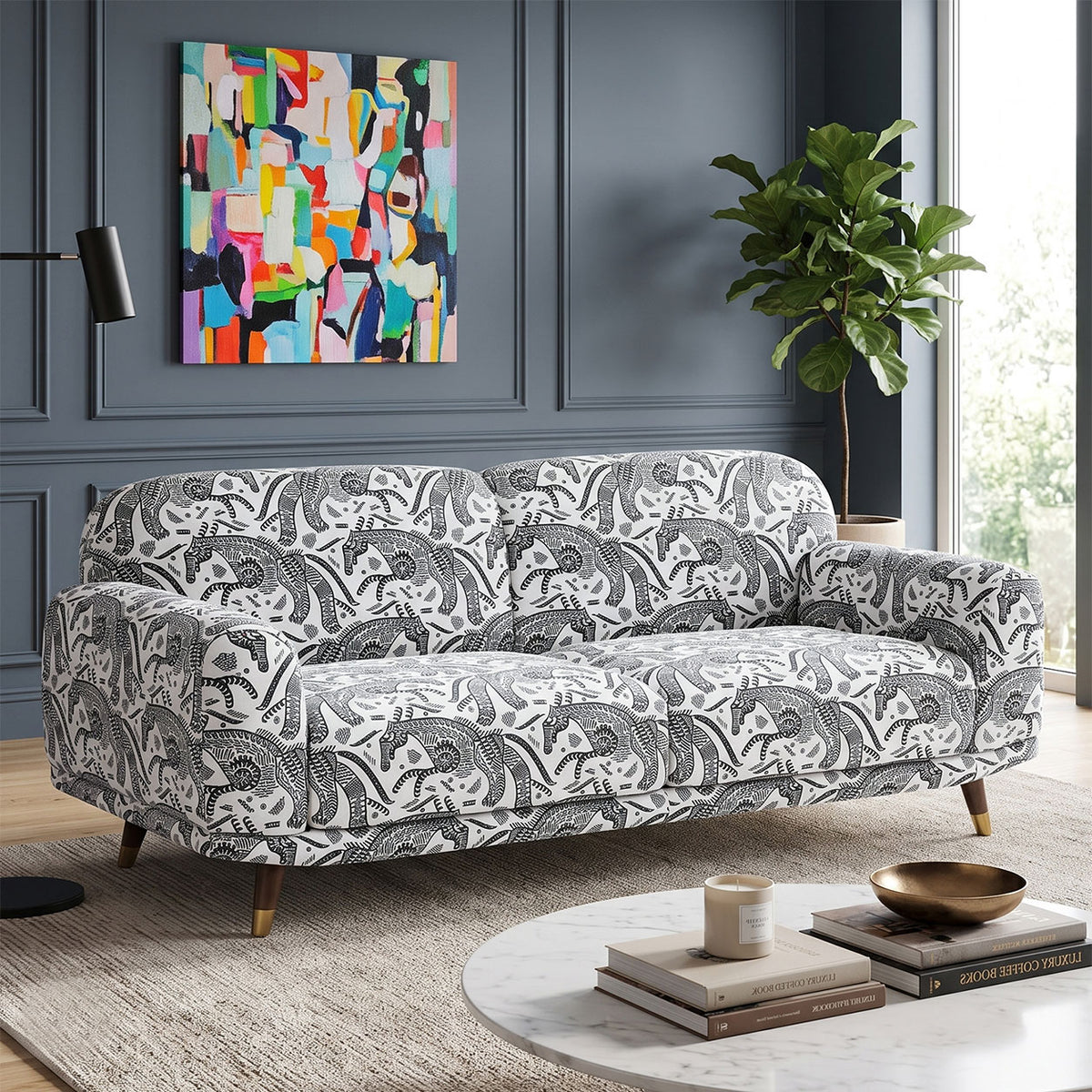Serenee Safari Sketch 3 Seater Premium Polyester Upholstered Sofa in White & Black